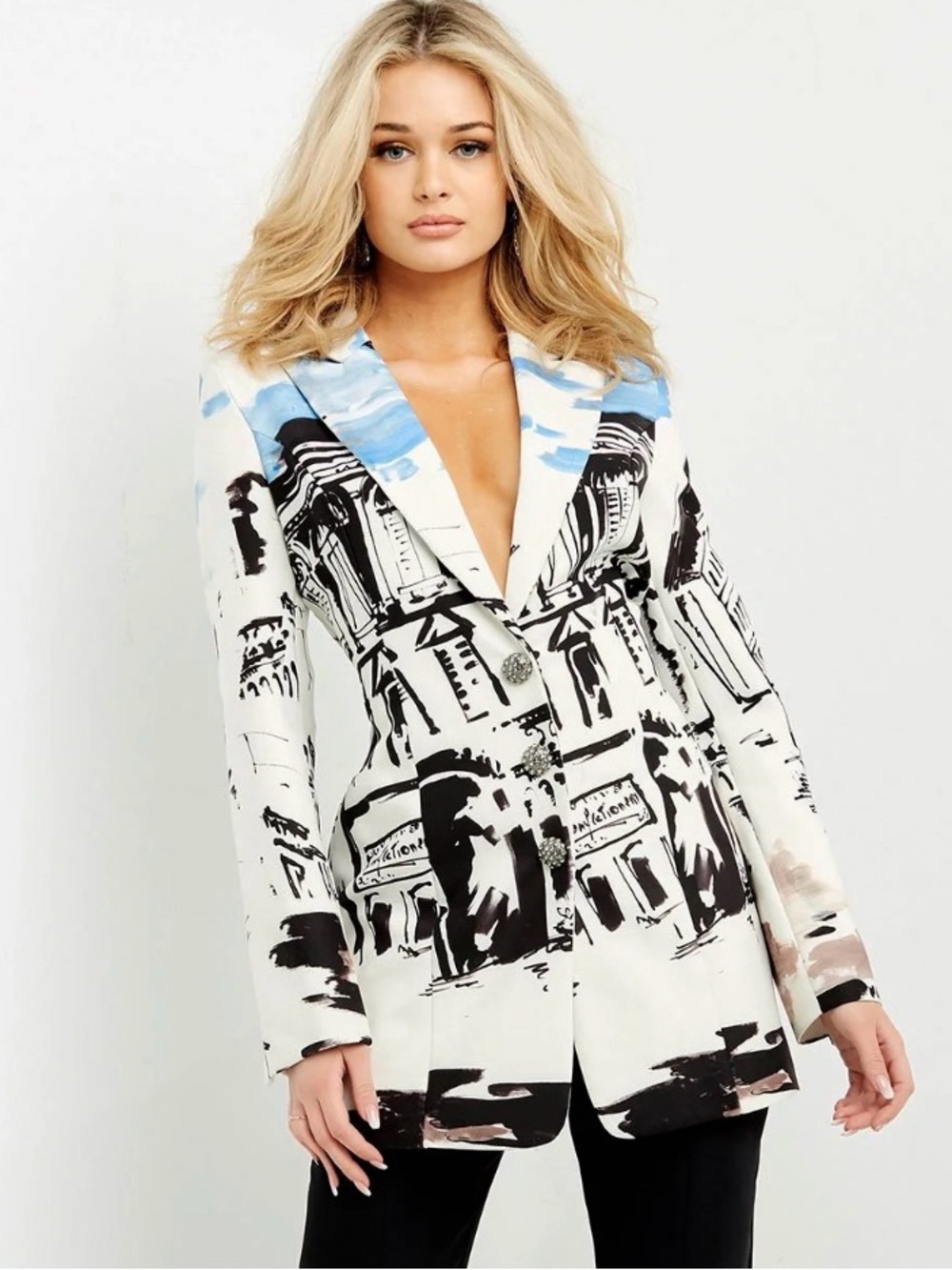 Jovani Abstract Print White Blazer